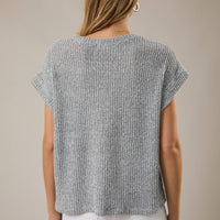 Crew Neck Cuffed Short Sleeve Top with Pocket - Light Grey