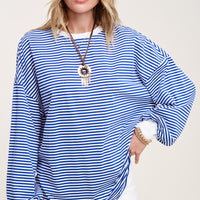 Oversized Striped Long Sleeve Shirt - Blue