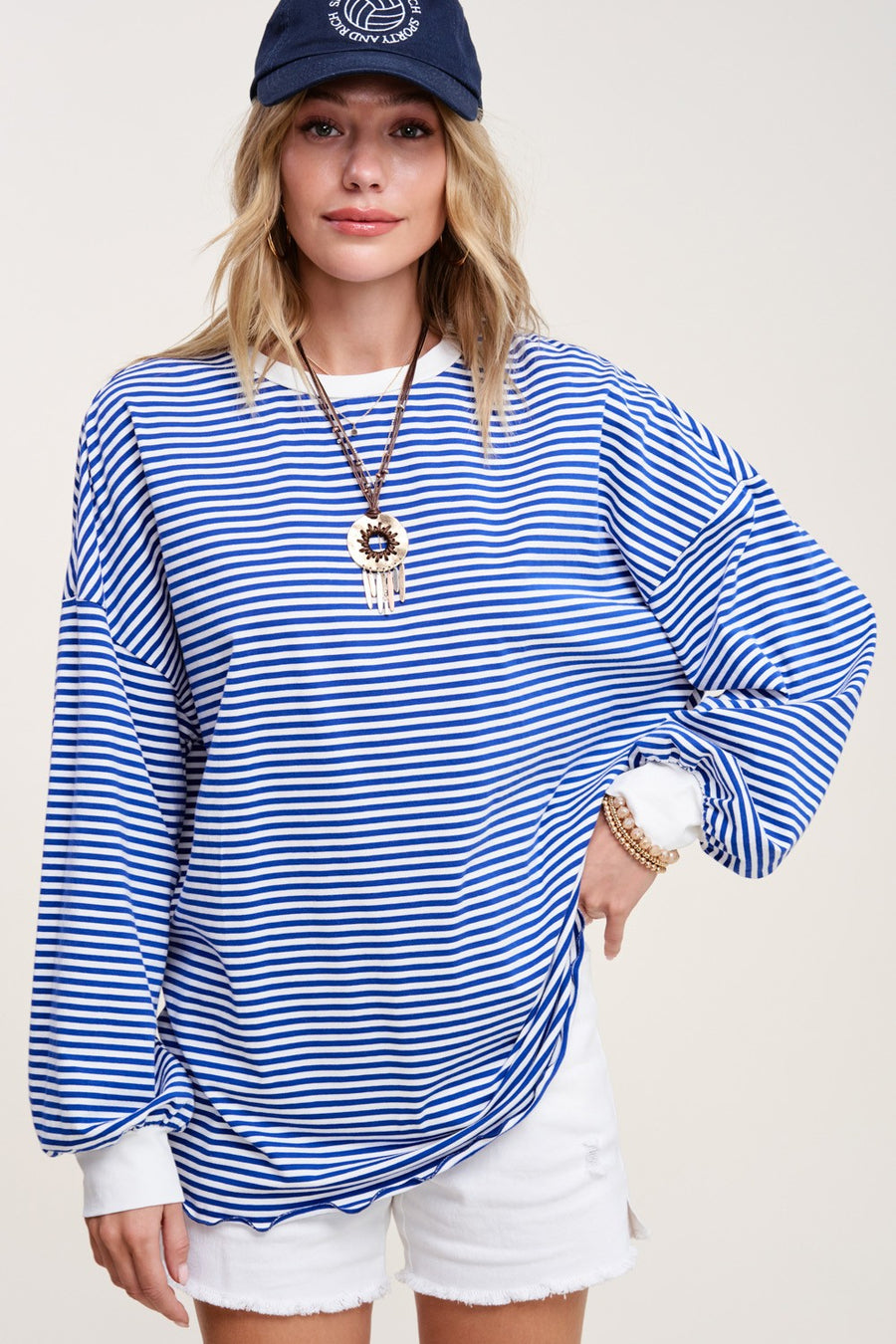 Oversized Striped Long Sleeve Shirt - Blue