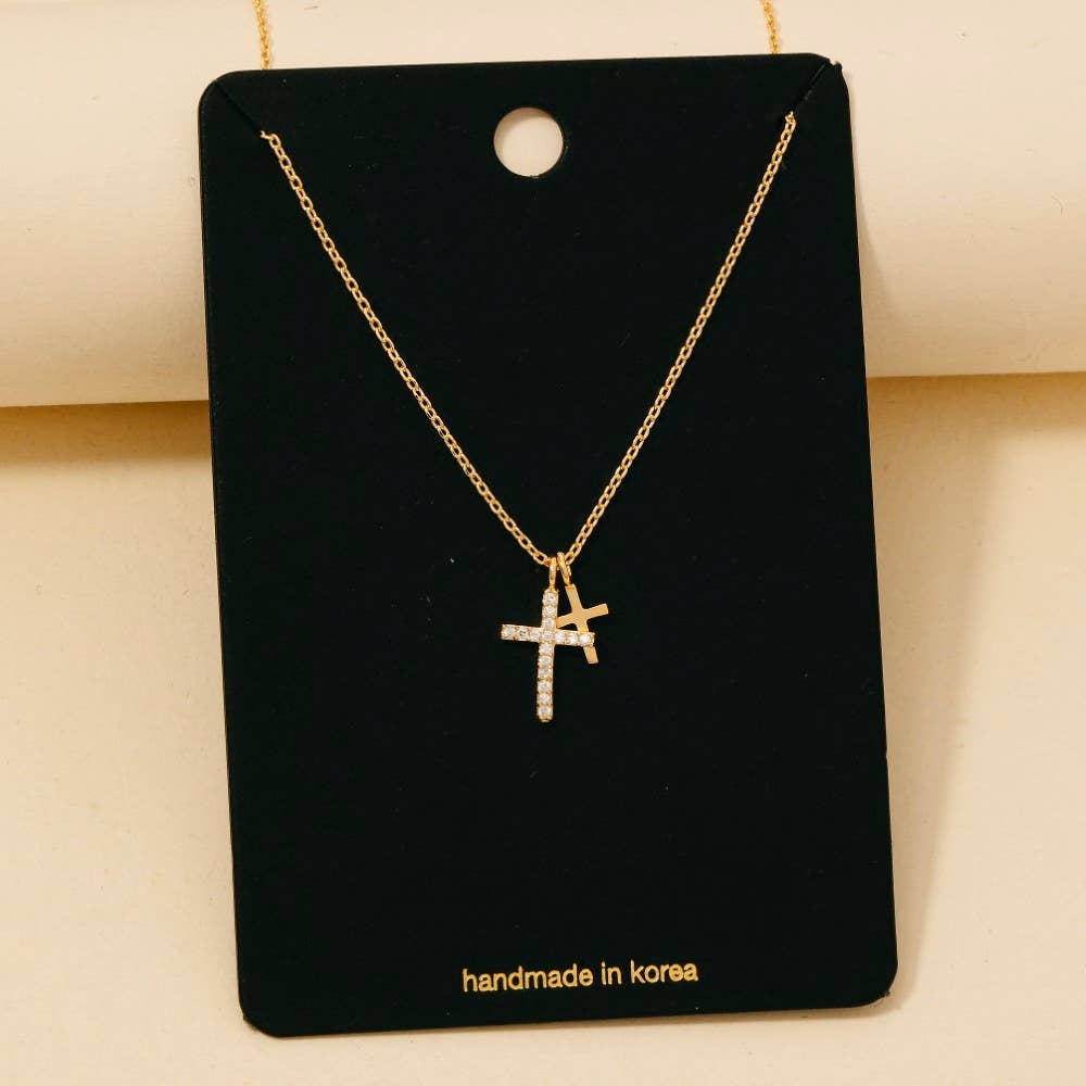 Cubic Zirconia Pave Double Cross Pendant Necklace