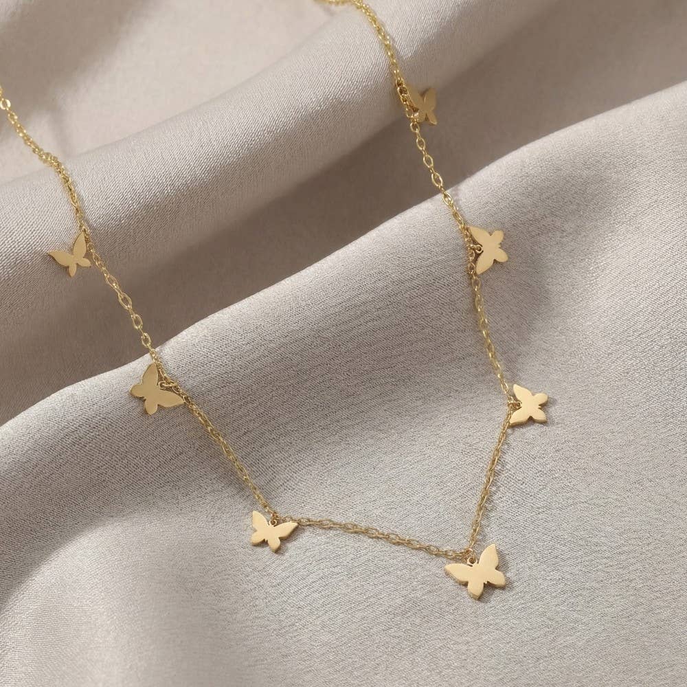 Stainless Steel Butterfly Charms Station Necklace: Gold