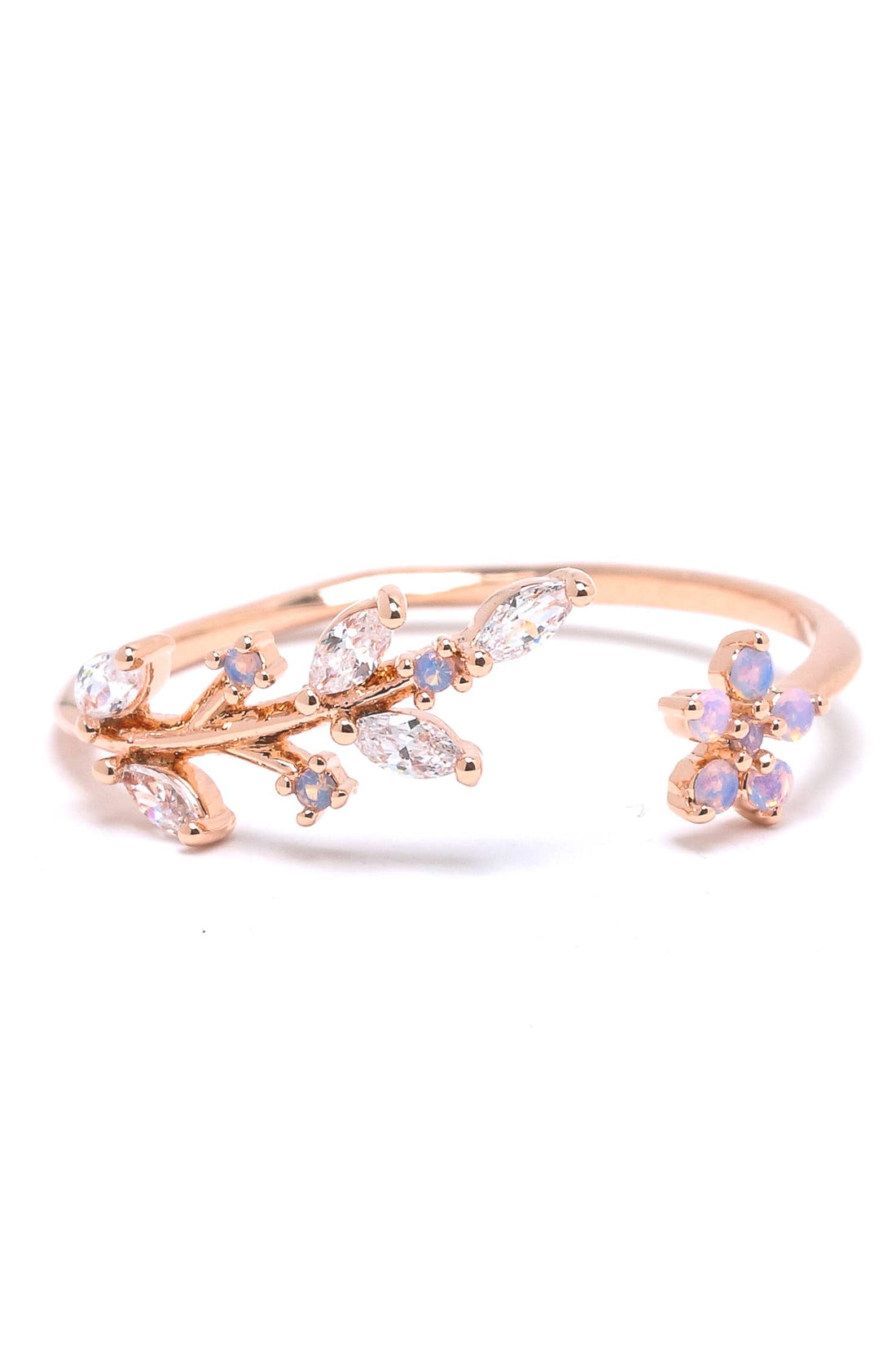 Gold Dipped Dainty Rhinestone Leaf Flower Open Ring