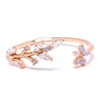 Gold Dipped Dainty Rhinestone Leaf Flower Open Ring