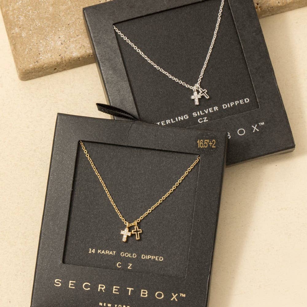 Secret Box Gold Dipped Cz Cross Pendant Necklace: White Gold