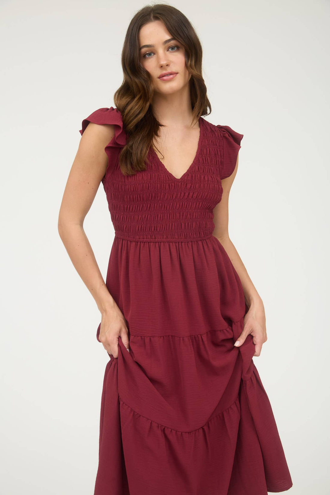 Flutter Sleeve Dress - Burgundy
