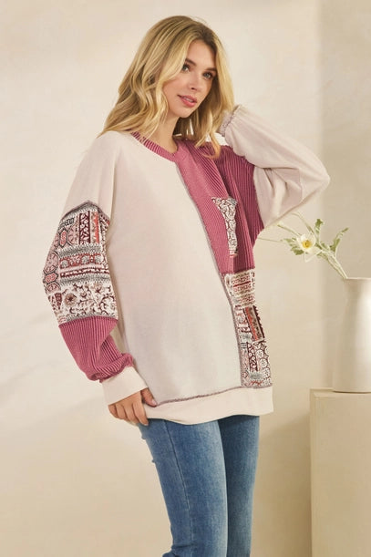 Patchwork Knit Pullover Top - Oatmeal + Burgundy