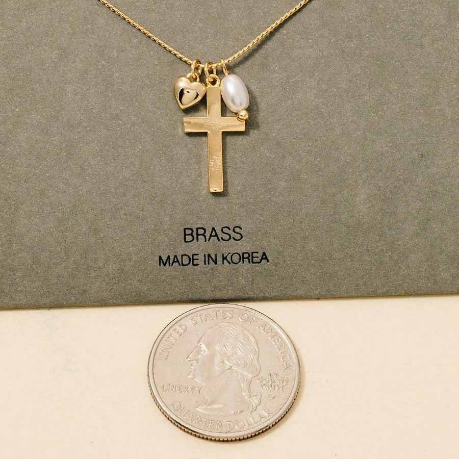 Cross Heart And Pearl Charms Chain Necklace
