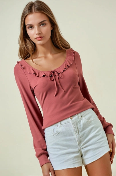 Scoop Neck Ruffle Top - Marsala
