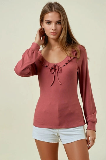 Scoop Neck Ruffle Top - Marsala