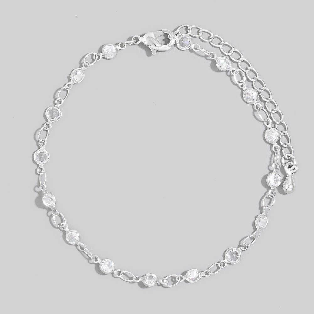 Round Cz Bezel Station Chain Bracelet: Silver