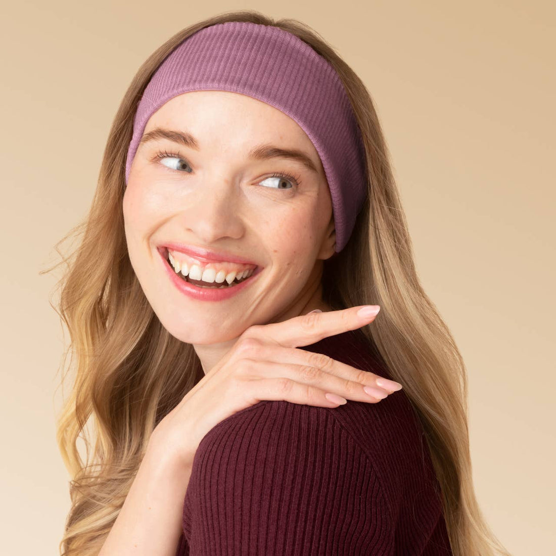 Recycled Fabric Ribbed Elastic Headbands 2pc Set - Cherry Lacquer & Dusty Pink