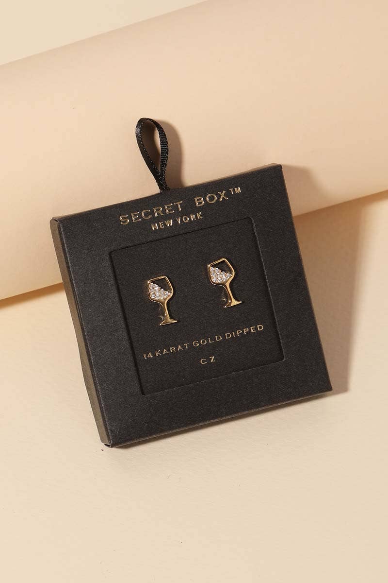 Secret Box Gold Dipped Cz Wine Glass Stud Earrings: Gold
