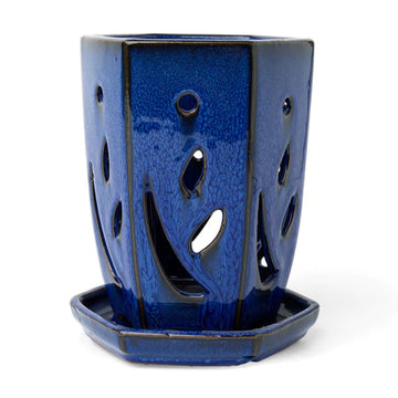 Midnight Blue Fluted Hexagon Ceramic Orchid Pot