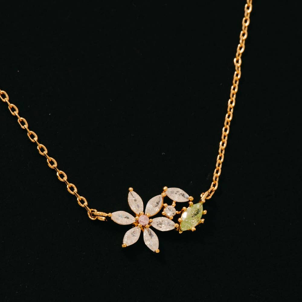 Gold Dipped Dainty Cubic Zirconia Flower Pendant Necklace