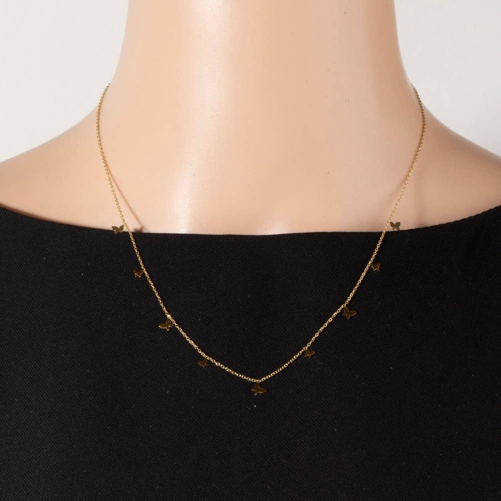 Stainless Steel Butterfly Charms Station Necklace: Gold