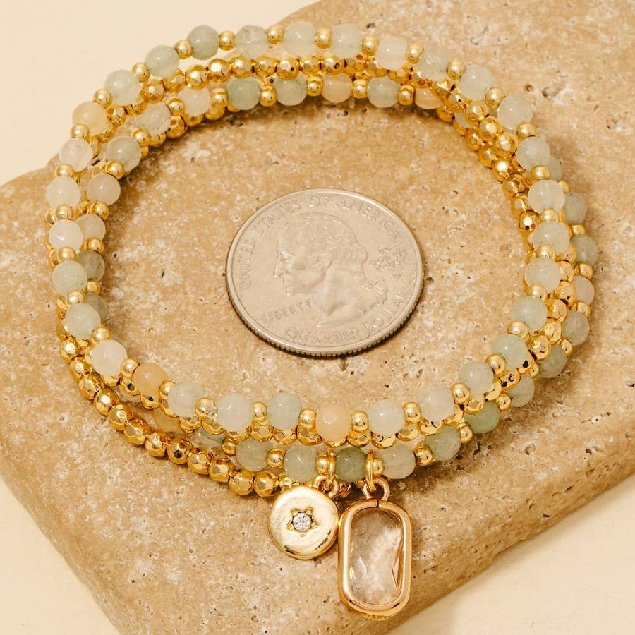 Rectangle Gem And Disc Charm Beaded Bracelet Set