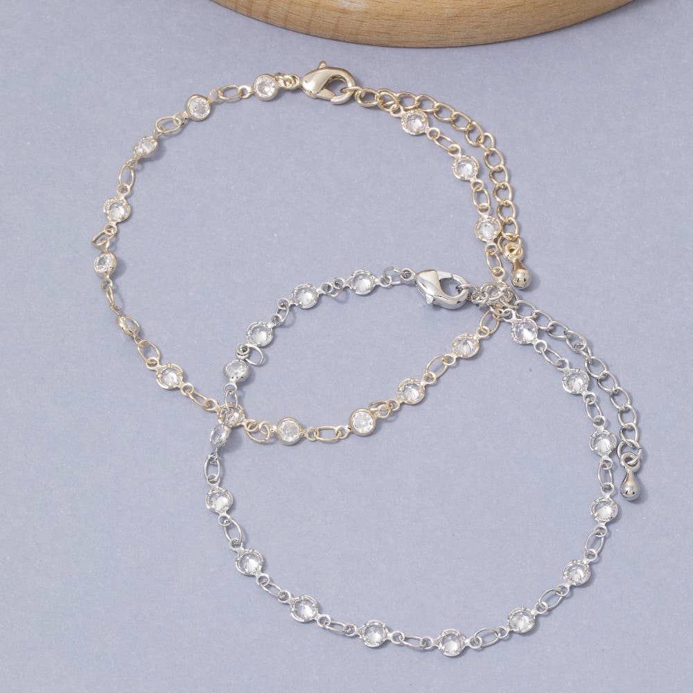 Round Cz Bezel Station Chain Bracelet: Silver