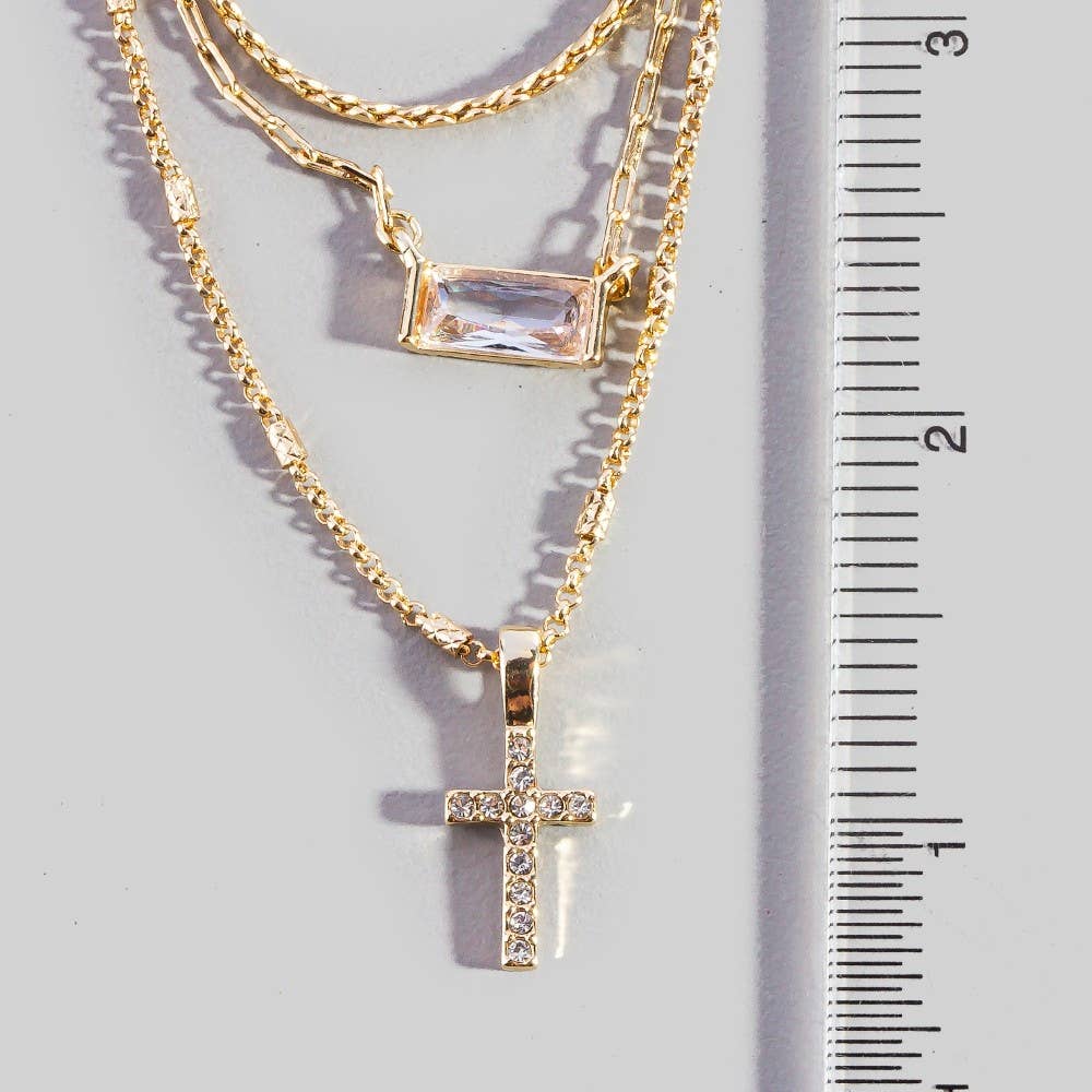 Triple Layered Chain Pave Cross Pendant Necklace: Gold