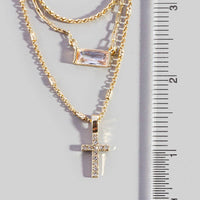 Triple Layered Chain Pave Cross Pendant Necklace: Gold