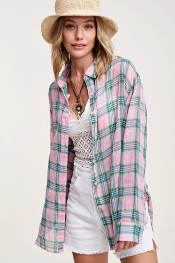 Button Down Spring + Summer Flannel - Light Pink + Green