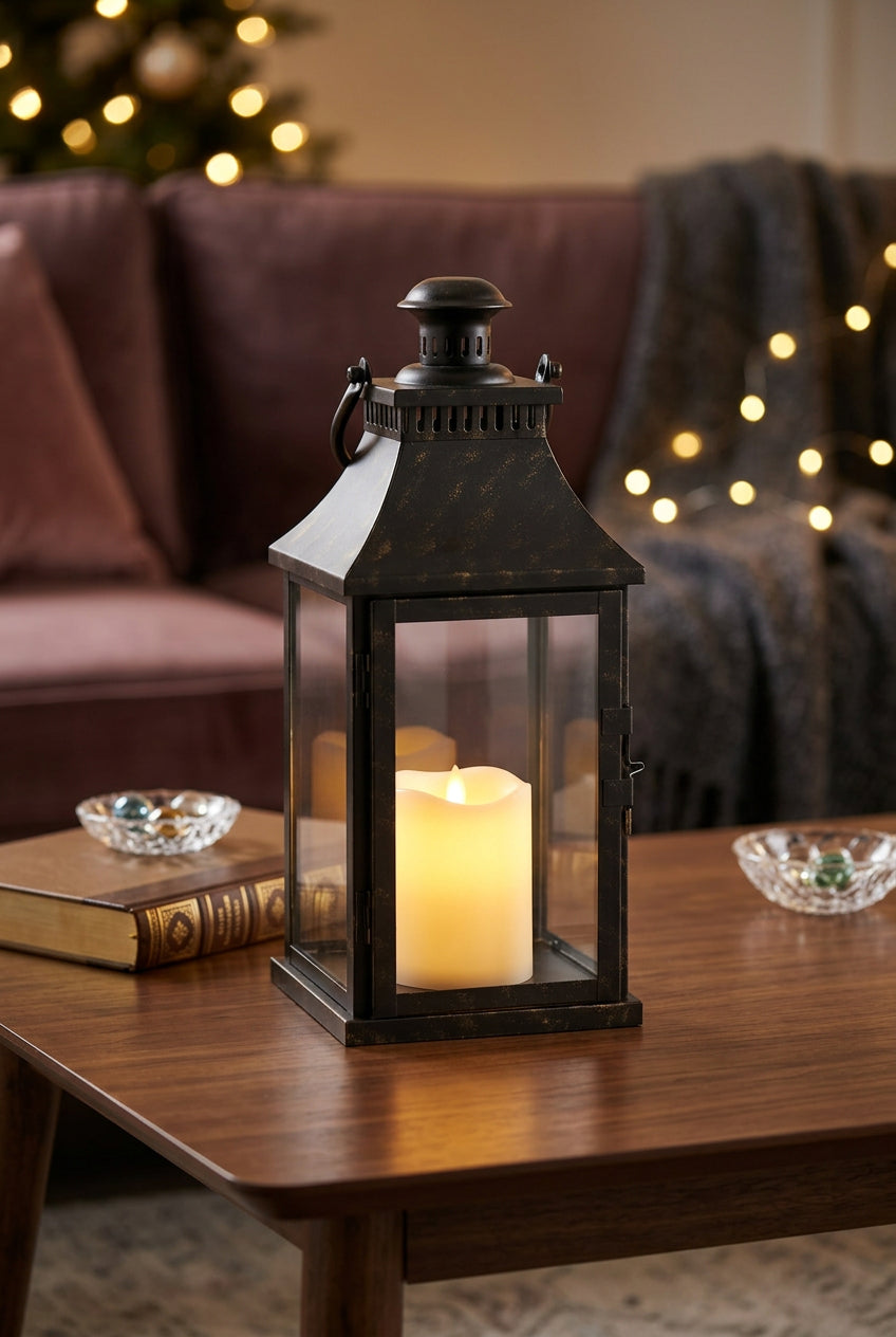 Metal Lantern + Pillar Candle - 14.5"