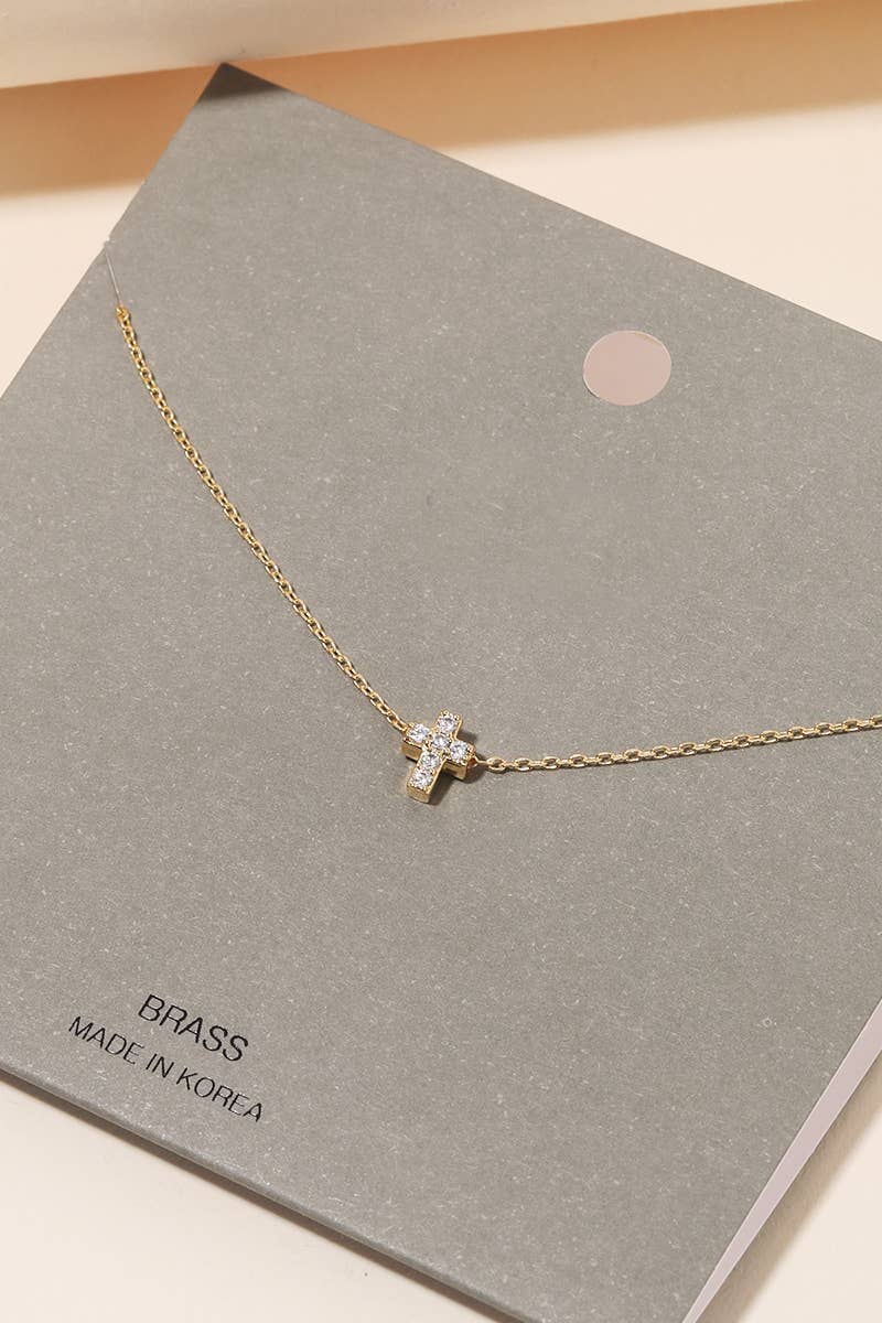 Mini Pave Cross Charm Necklace: Silver