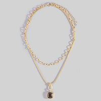 Double Layered Chain Crystal Square Pendant Necklace