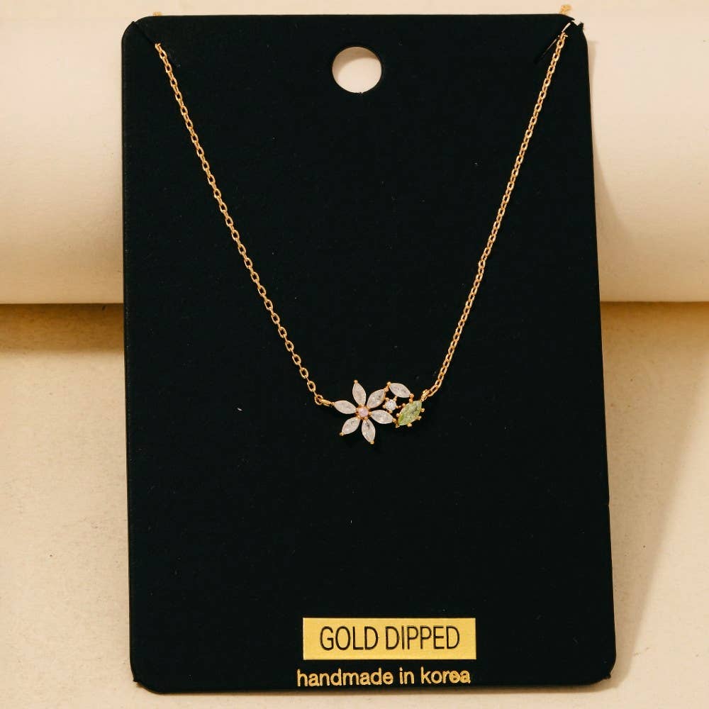 Gold Dipped Dainty Cubic Zirconia Flower Pendant Necklace