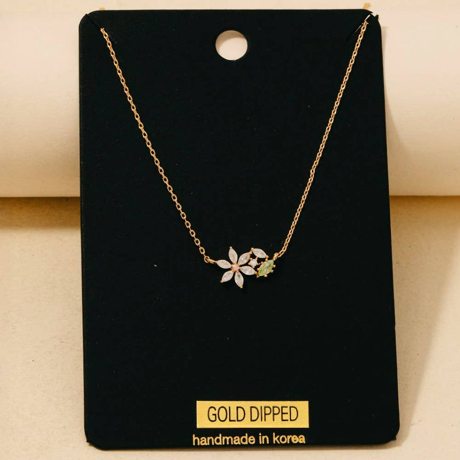 Gold Dipped Dainty Cubic Zirconia Flower Pendant Necklace