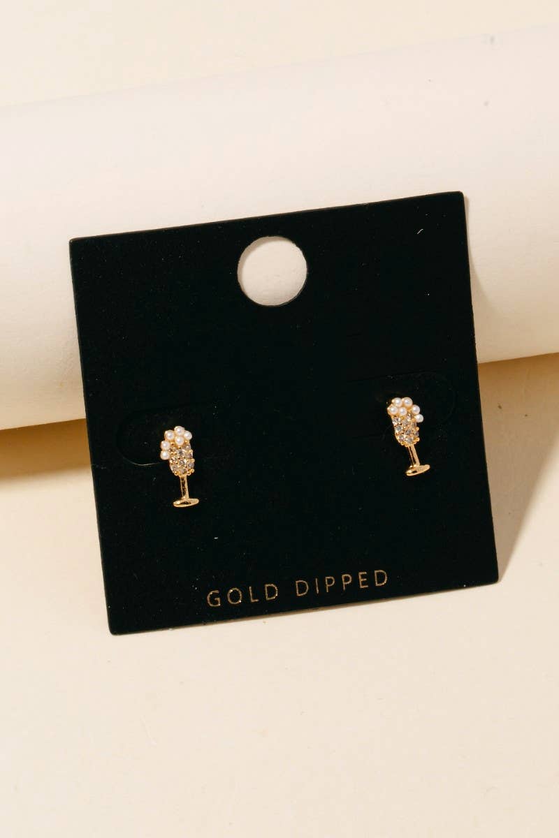 Gold Dipped Cubic Zirconia And Pearl Champagne Glass Stud Earrings