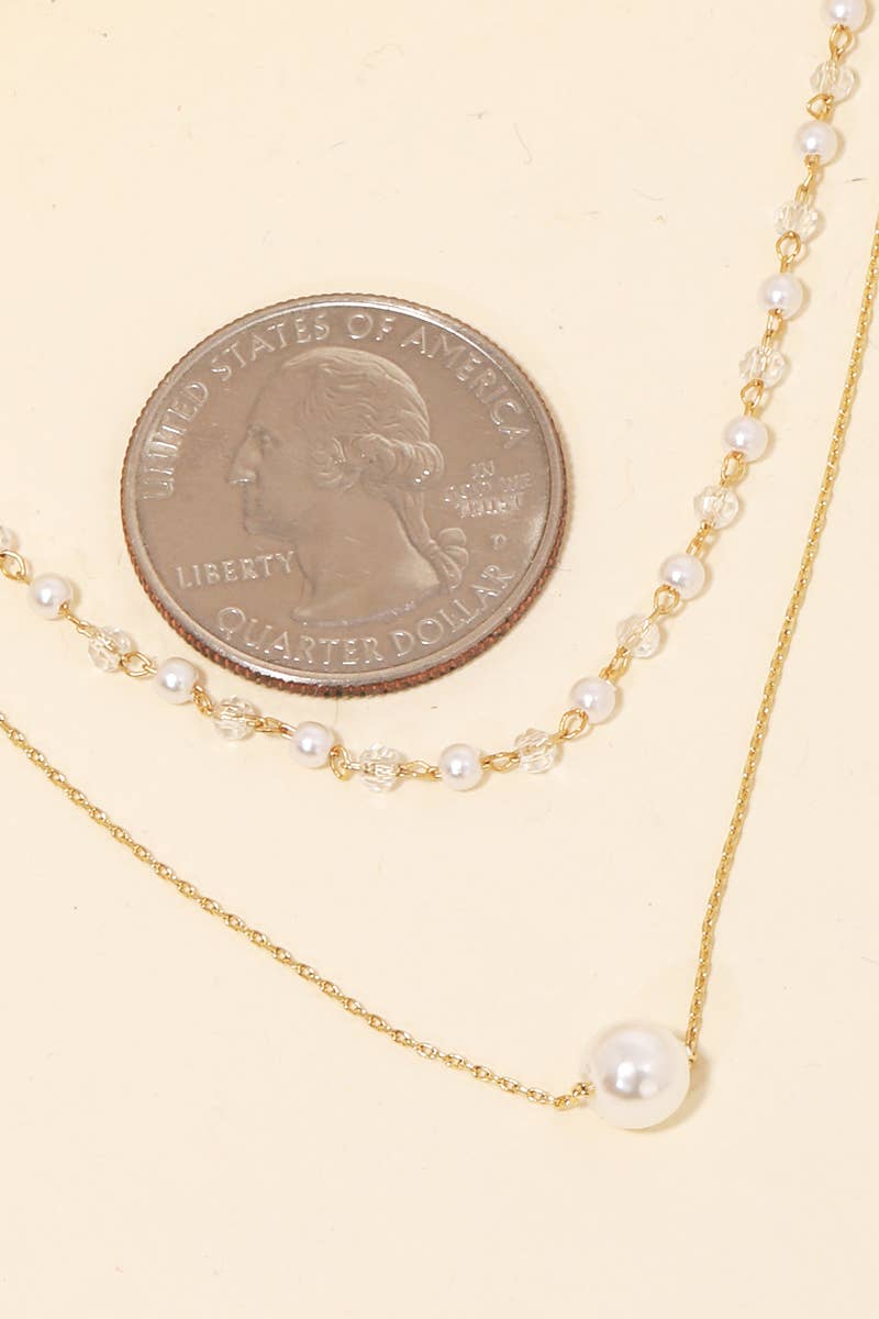 Dainty Layered Chain Pearl Bead Charm Necklace - Gold