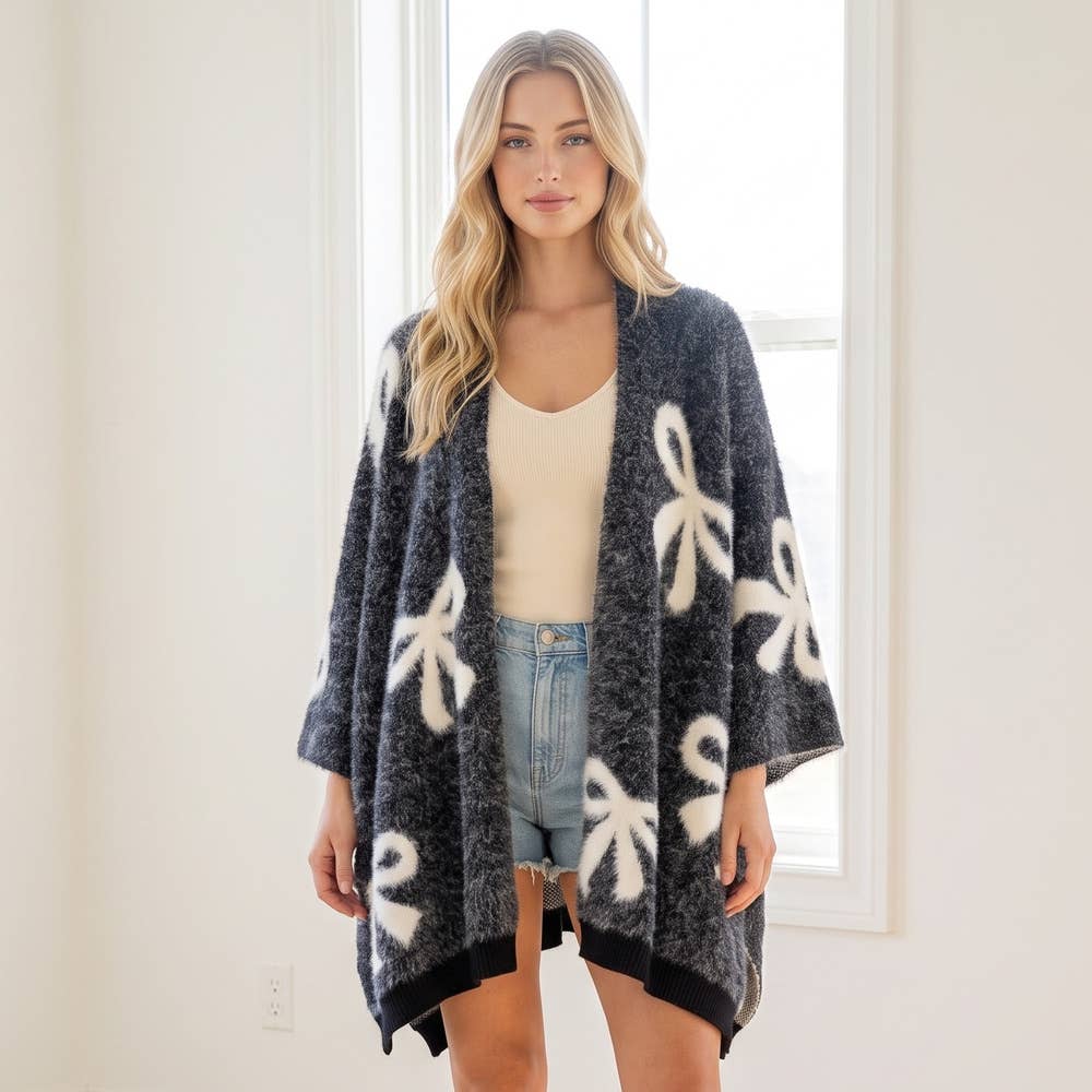 Ribbon Bow Eyelash Knit Ruana Wrap