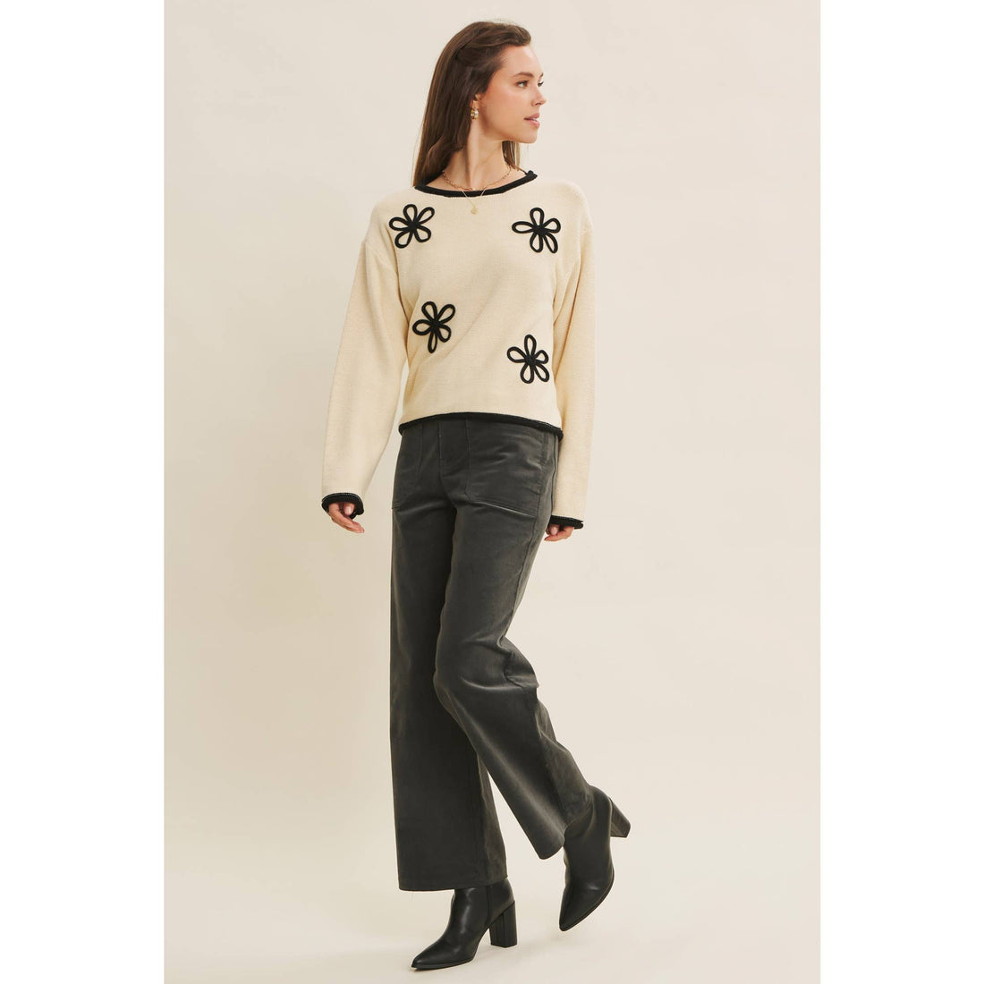 Floral Applique Sweater - Natural