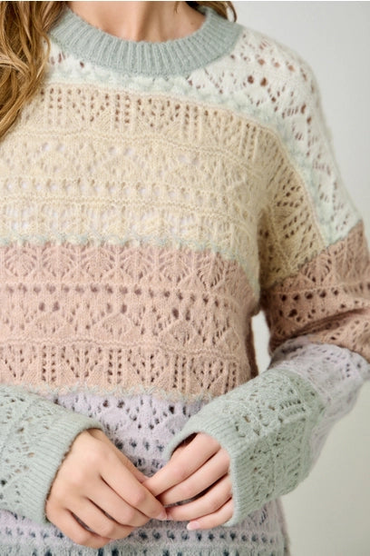 Color Blocked Pointelle Sweater - Ivory Oatmeal