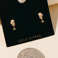 Gold Dipped Cubic Zirconia And Pearl Champagne Glass Stud Earrings
