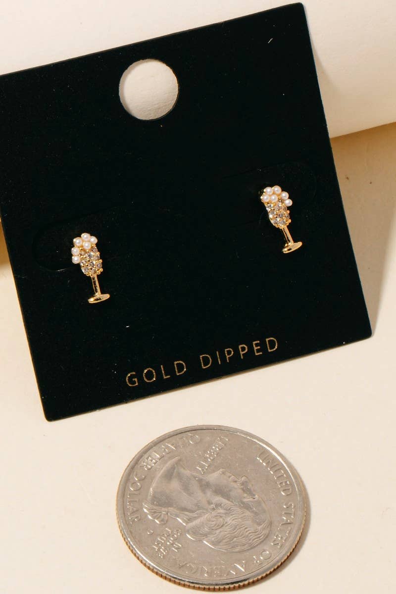 Gold Dipped Cubic Zirconia And Pearl Champagne Glass Stud Earrings