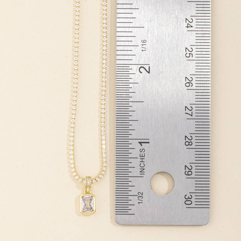 Pave Tennis Chain Rectangle Bezel Cz Pendant Necklace: Gold