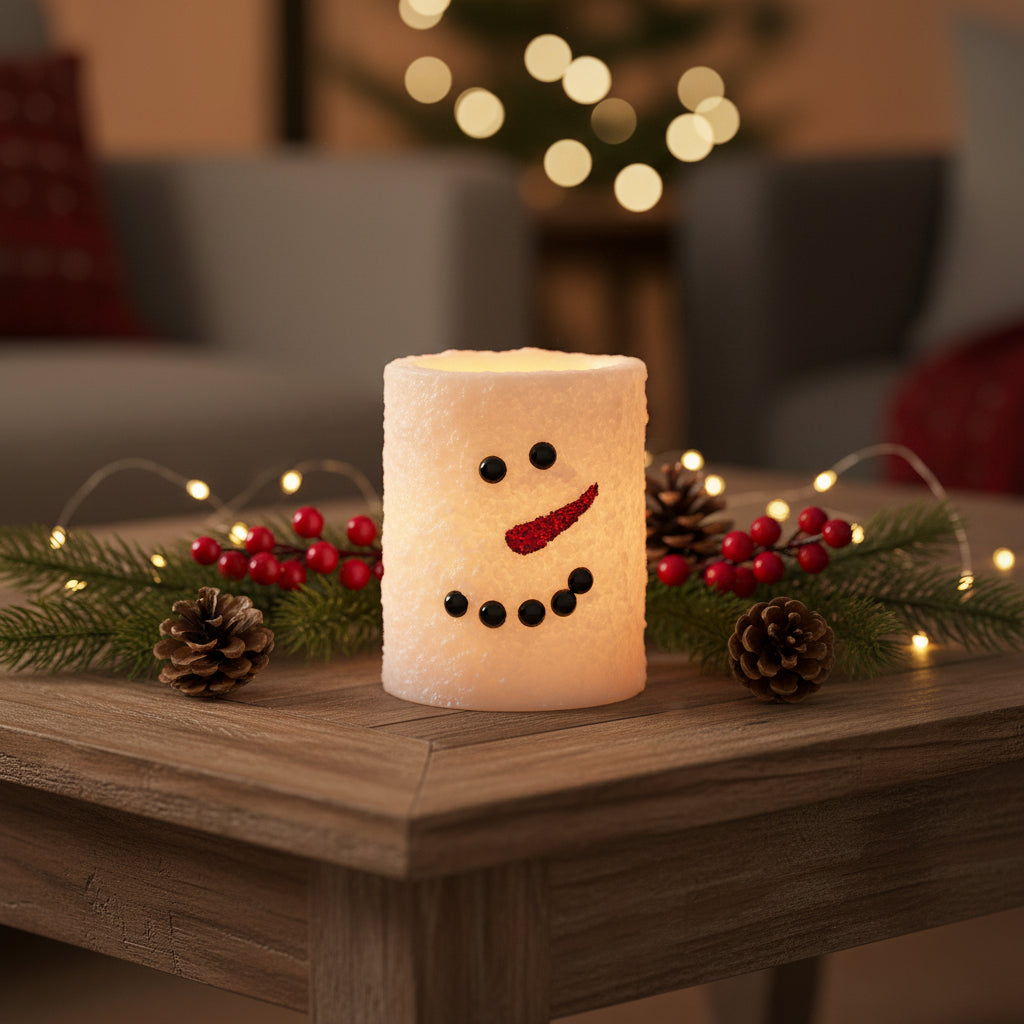 White Snowman LED Pillar Candle