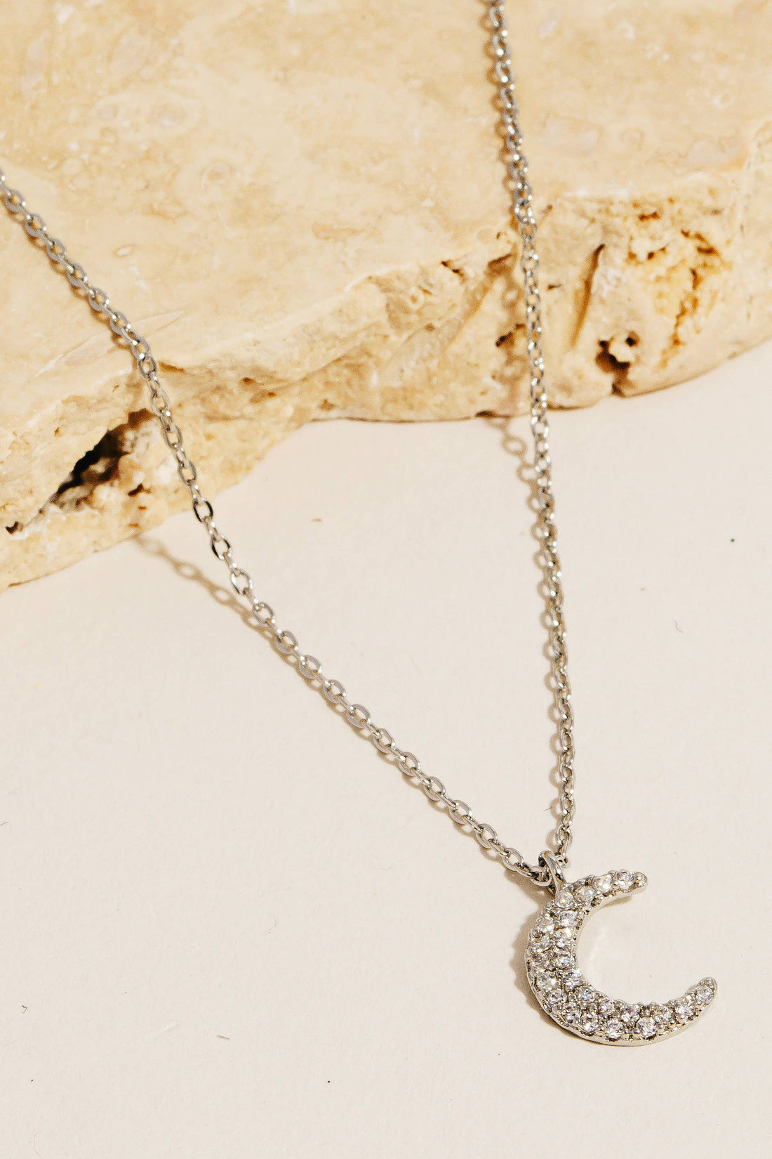 Cubic Zirconia Pave Moon Pendant Chain Necklace