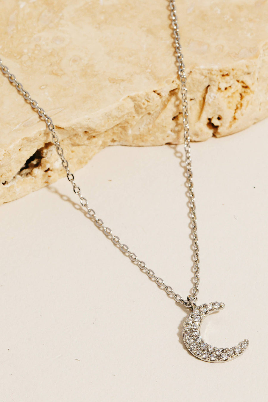 Cubic Zirconia Pave Moon Pendant Chain Necklace