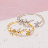 Gold Dipped Dainty Rhinestone Leaf Flower Open Ring: Gold