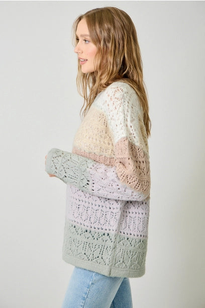 Color Blocked Pointelle Sweater - Ivory Oatmeal