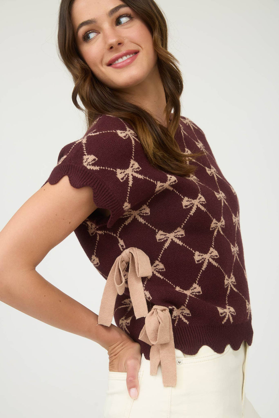Bow Side Tie Knit Top - Burgundy