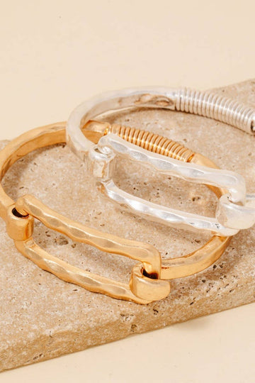 Hammered Rectangle Coil Spring Hook Bangle Bracelet