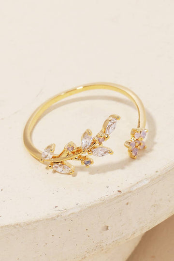 Gold Dipped Dainty Rhinestone Leaf Flower Open Ring