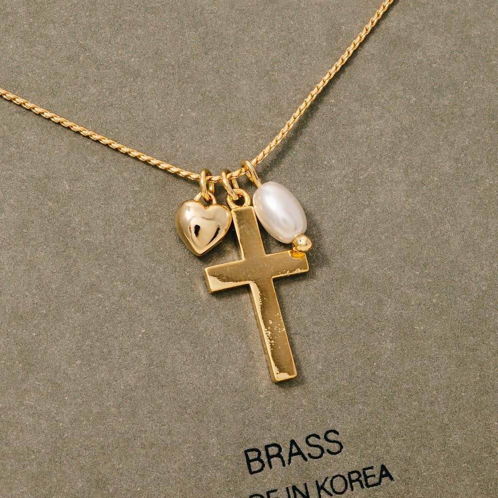 Cross Heart And Pearl Charms Chain Necklace
