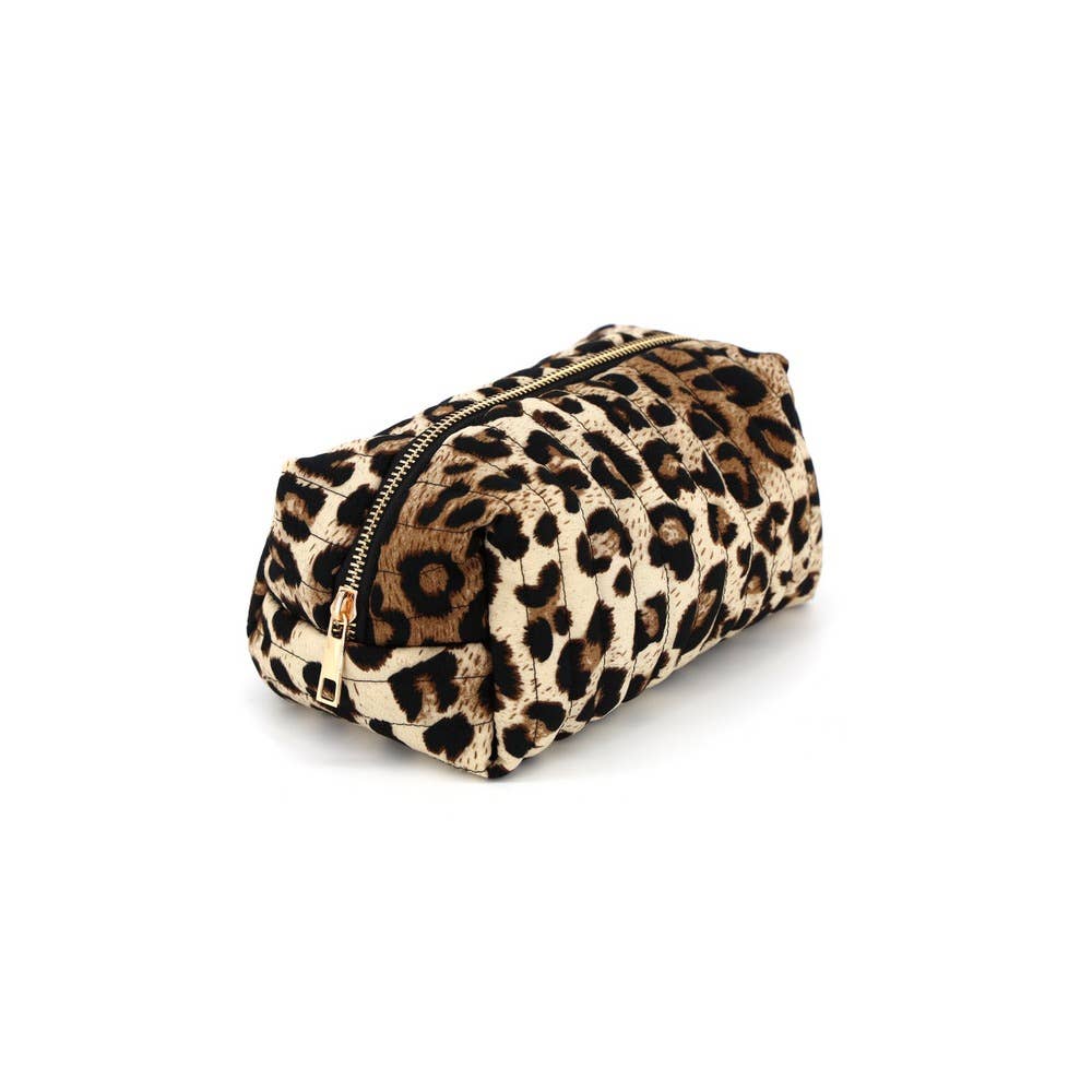 Quilted Leopard Print Zip Cosmetic Pouch: leopard