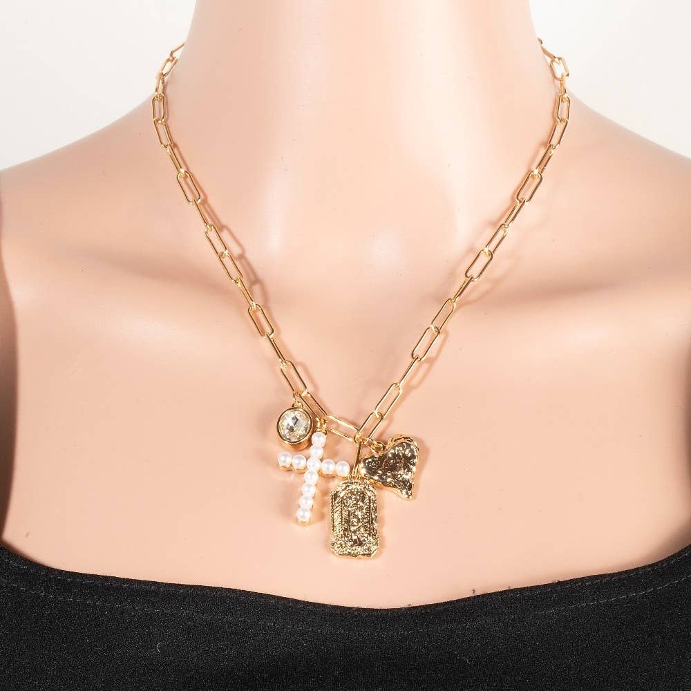 Pearl Pave Cross And Heart  Charms Chain Necklace