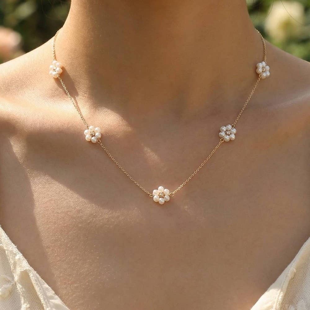 Dainty Beaded Flower Charm Necklace: Gold