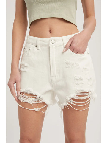 Ripped High Waist Denim Shorts - White